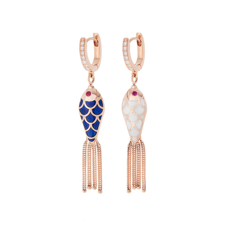Fish For Love Boucle d'oreille Bleu Marine & Ivoire - Diamants - Rubis