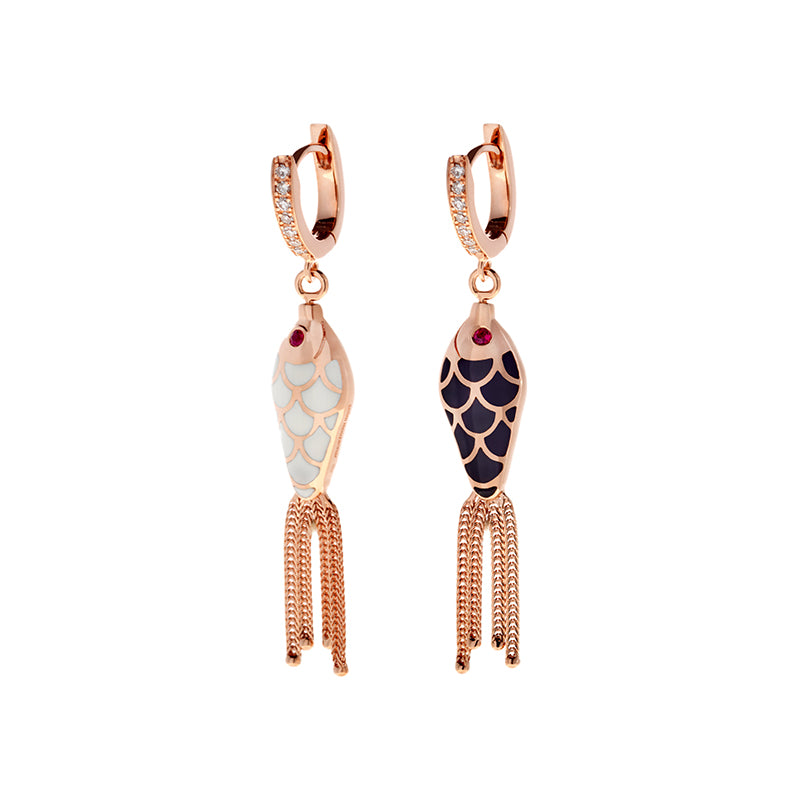 Fish For Love Boucle d'oreille Noir & Ivoire - Diamants - Rubis