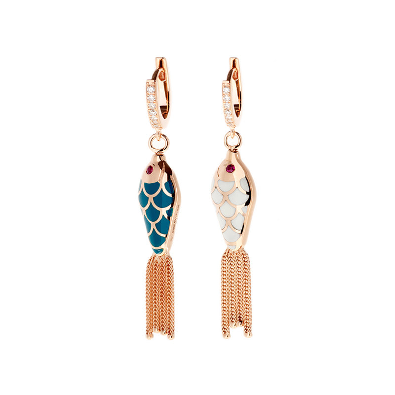 Fish For Love Boucle d'oreille Pétrole & Ivoire - Diamants - Rubis
