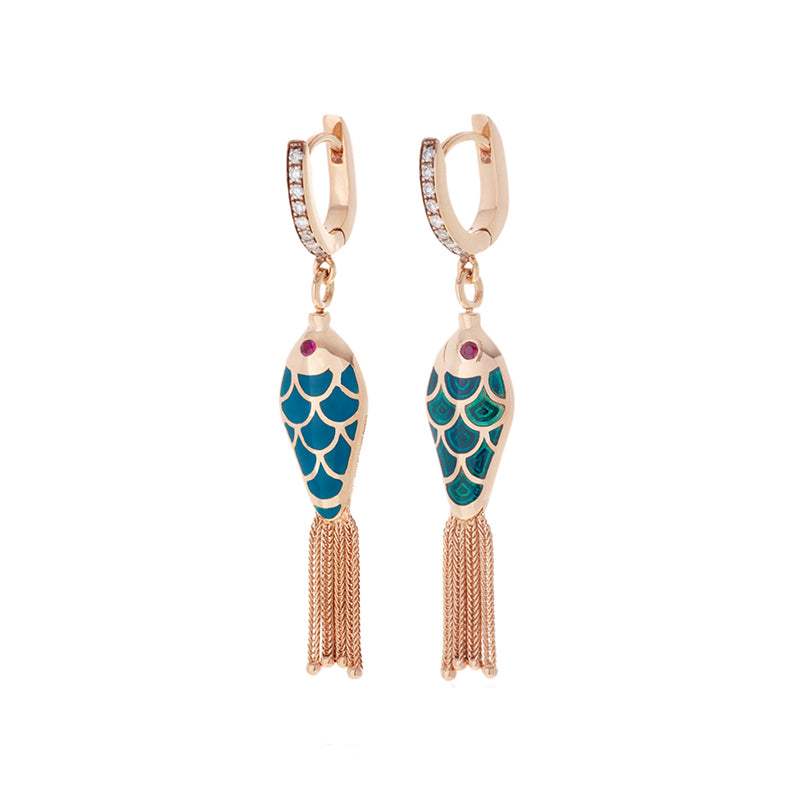 Fish For Love Boucle d'oreille pétrole clair & foncé  - Diamants - Rubis
