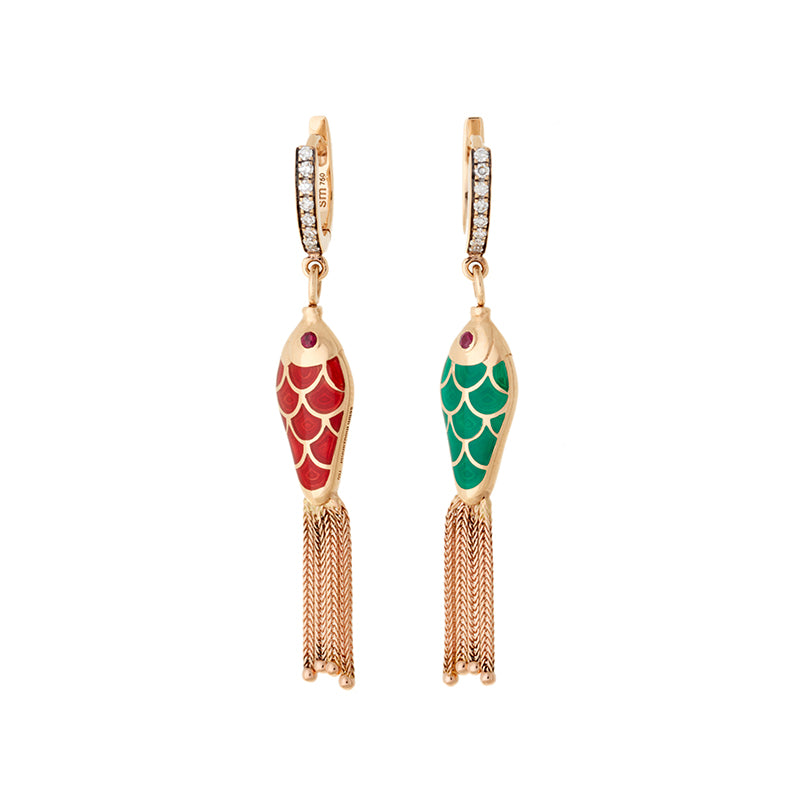 Fish For Love Boucle d'oreille Rouge Rouille & Vert - Diamants - Rubis