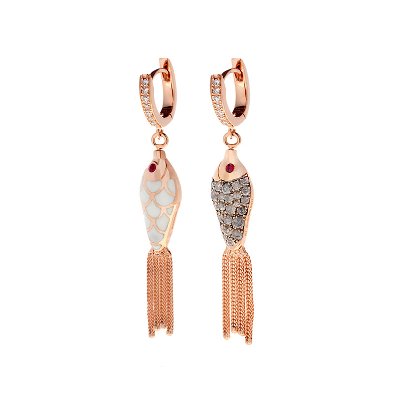 Fish For Love boucle d'oreille Ivoire - Diamants - Rubis