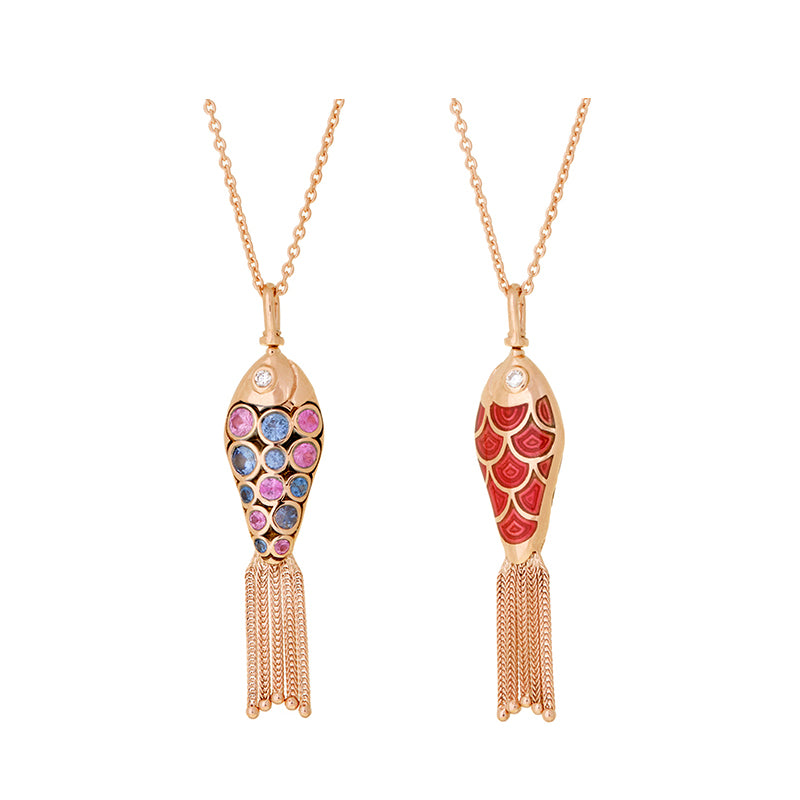 Fish For Love Pendant Red Snapper - Pink & Blue Sapphires - Diamonds