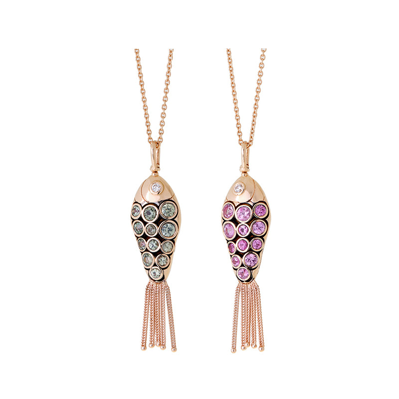 Fish For Love Pendentif - Saphirs Verts - Saphirs Roses - Diamants