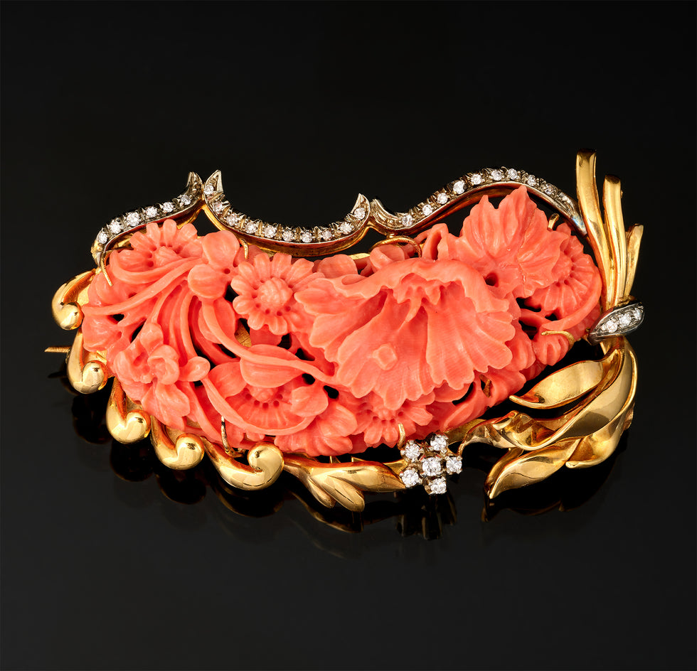 Broche - Corail - Diamants