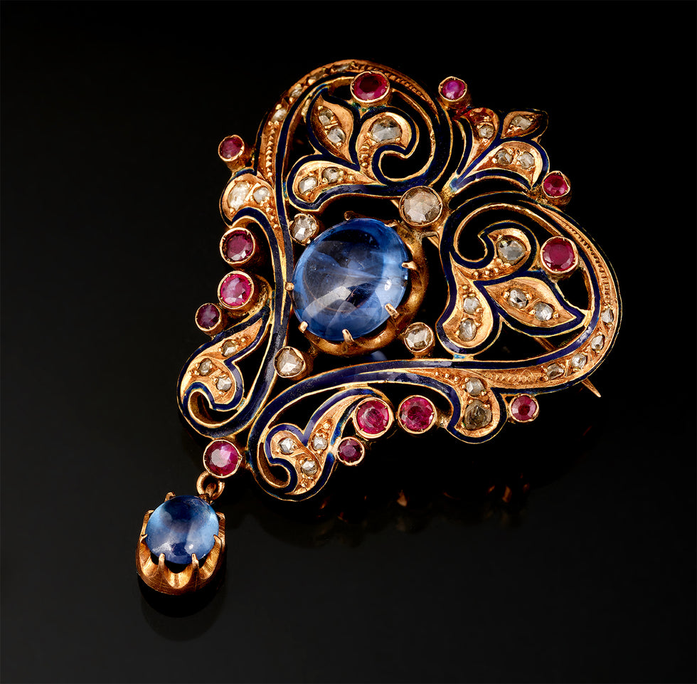 Broche - Diamants - Saphirs - Rubis