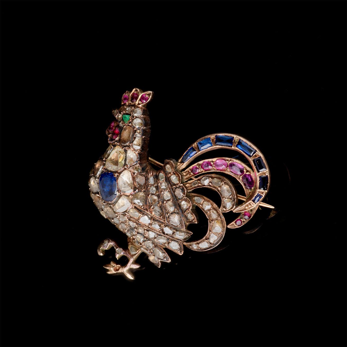 Broche - Diamants - Saphirs Bleus - Rubis
