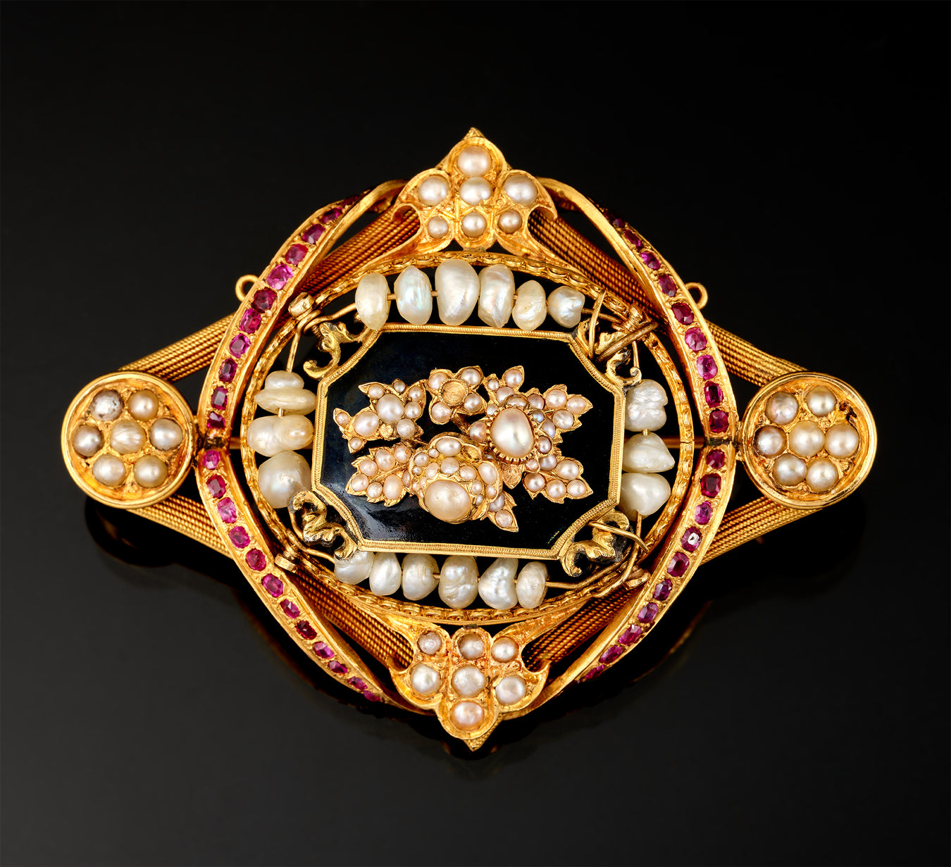 Brooch - Onyx - Pearls - Rubies