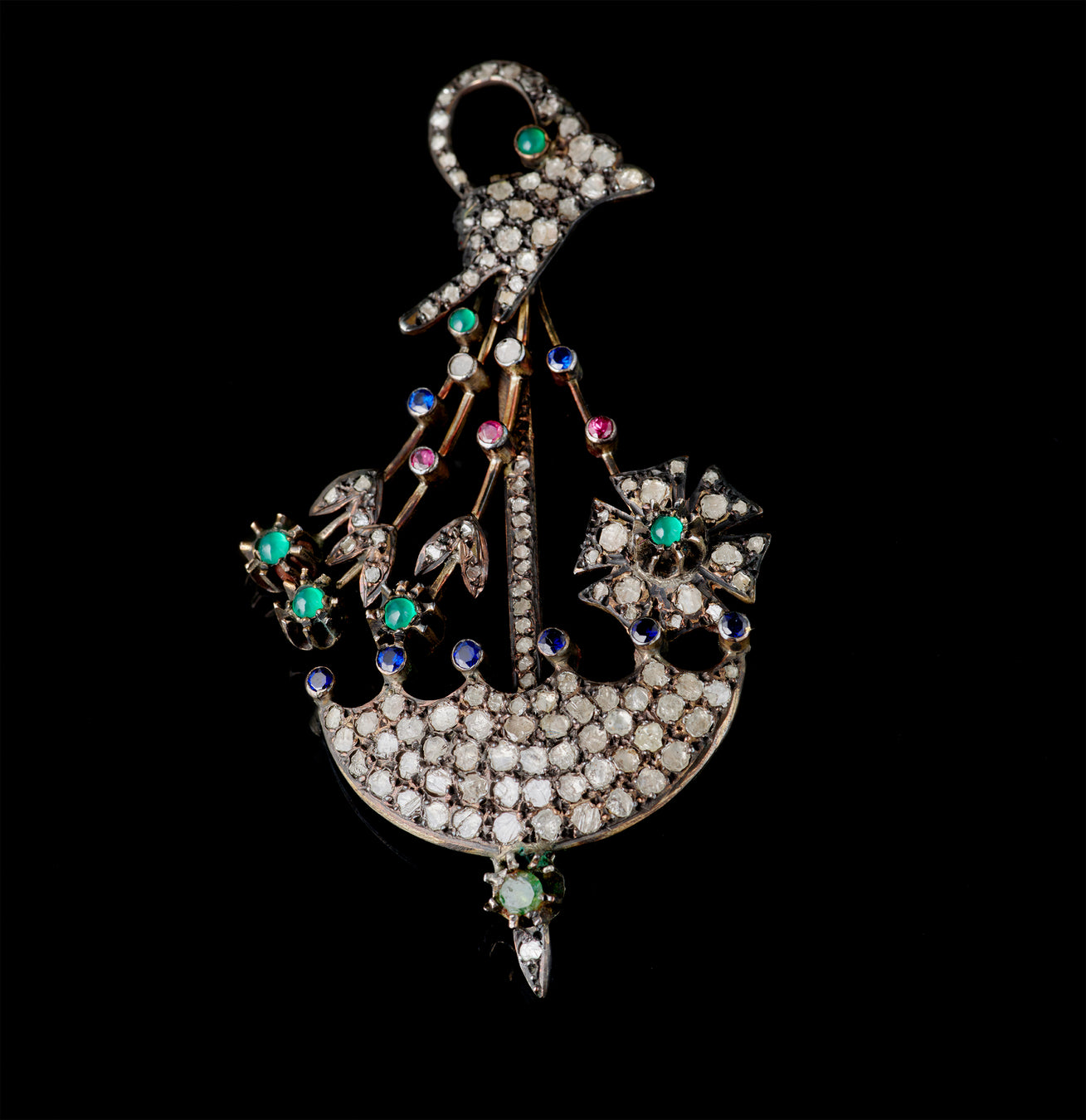 Brooch - Diamonds - Tsavorites - Sapphires - Rubies