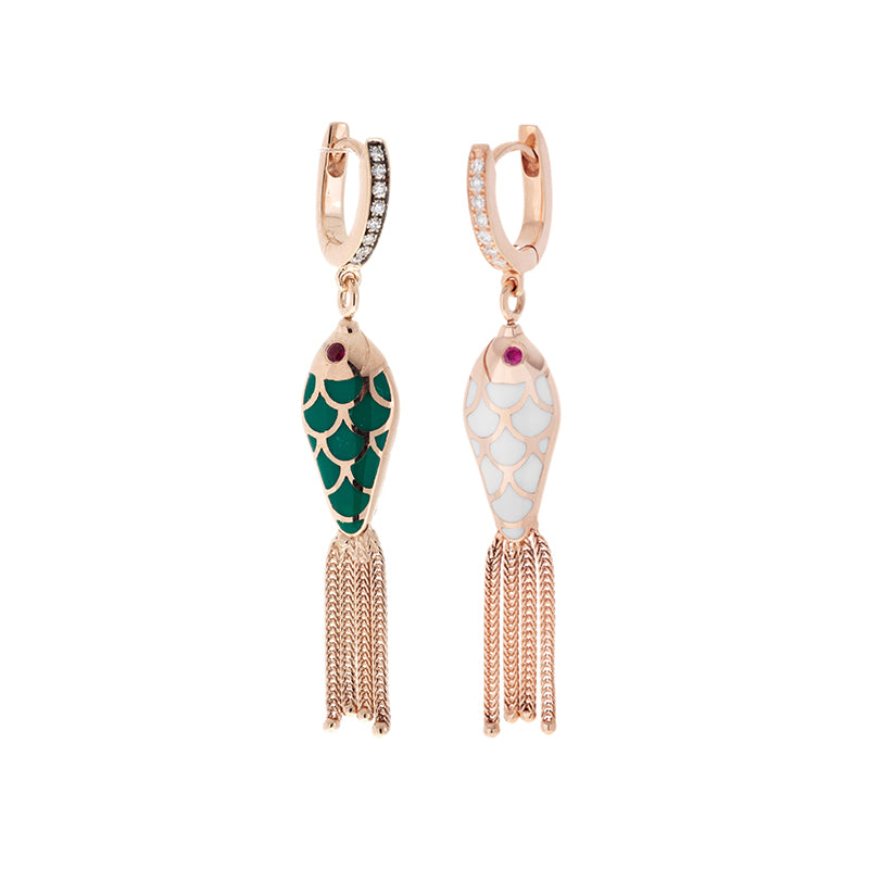 Fish For Love Boucle d'Oreille Vert & Ivoire - Diamants - Rubis