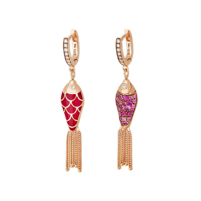 Fish For Love Earring Raspberry - Pink Sapphires - Diamonds