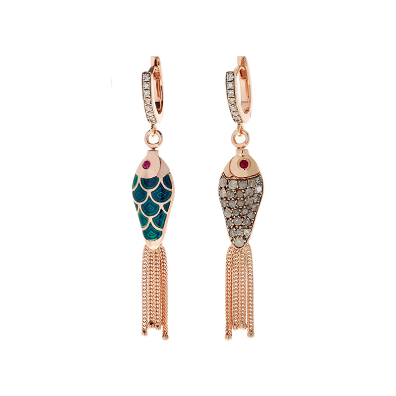 Fish For Love Boucle d'oreille Pétrole - Diamants - Rubis