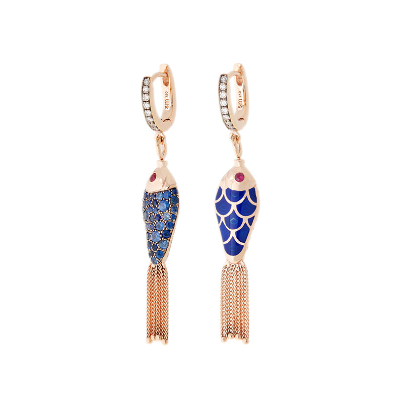 Fish For Love Boucle d'oreille bleu marine - diamants - saphirs bleus - rubis
