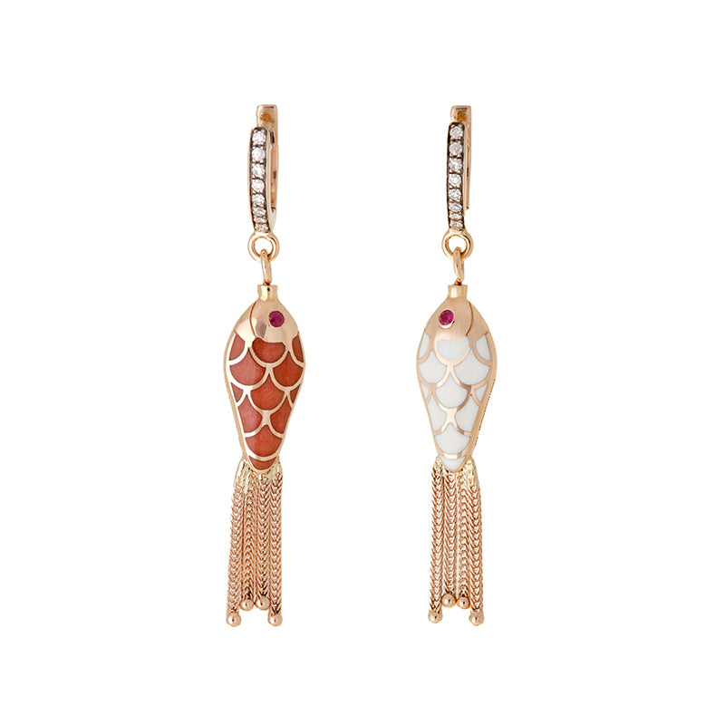 Fish For Love Ivory & Orange Earring - Rubies - Diamonds
