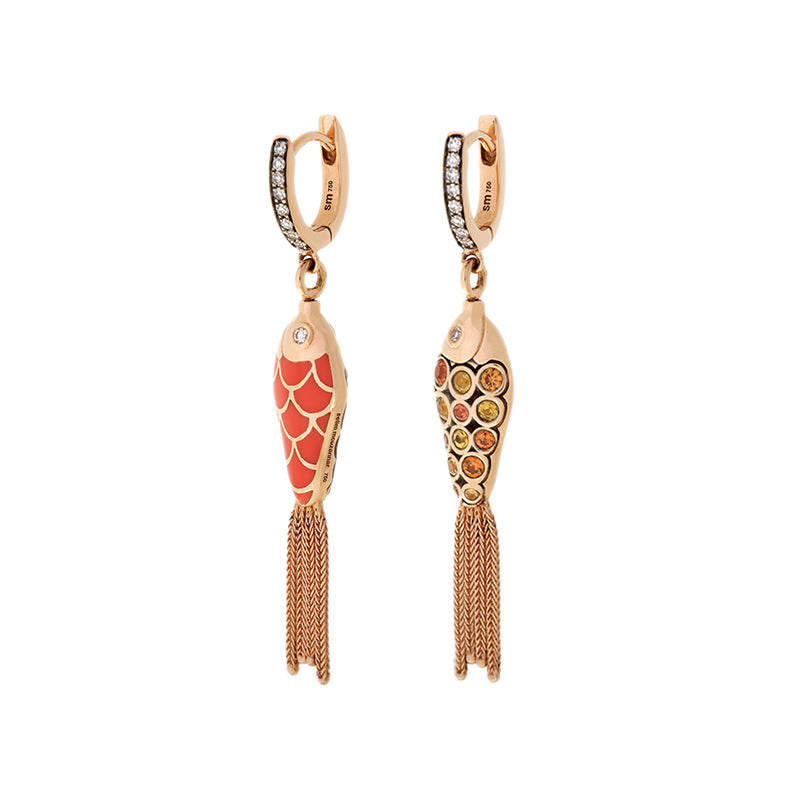 Fish For Love Orange Earring - Orange Sapphires - Yellow Sapphires - Diamonds