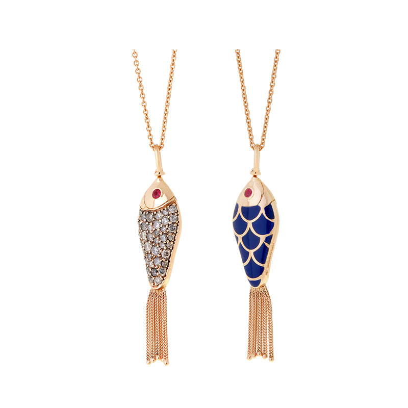 Fish For Love Pendentif Bleu Marine - Diamants - Rubis