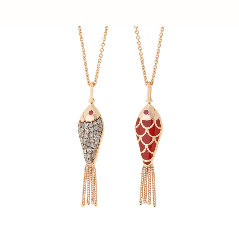 Fish For Love Pendant Rusty Red - Icy Grey Diamonds - Rubies