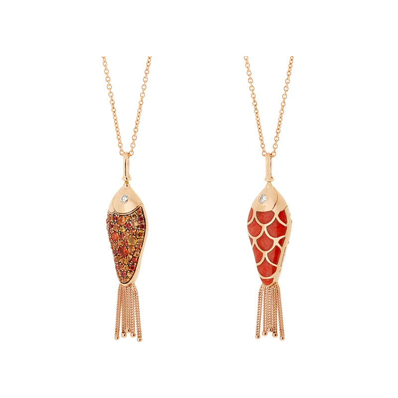 Fish For Love Pendentif Nacre Orange - Saphirs Orange - Diamants