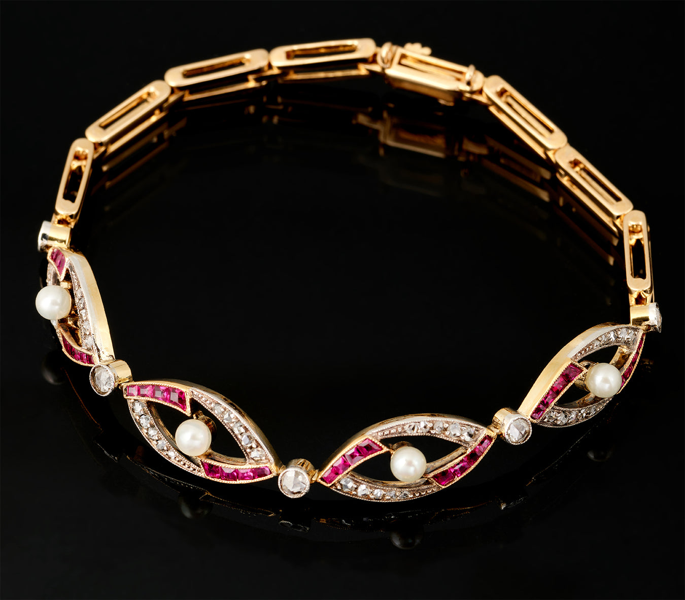 Bracelet - Diamonds - Rubies - Pearls