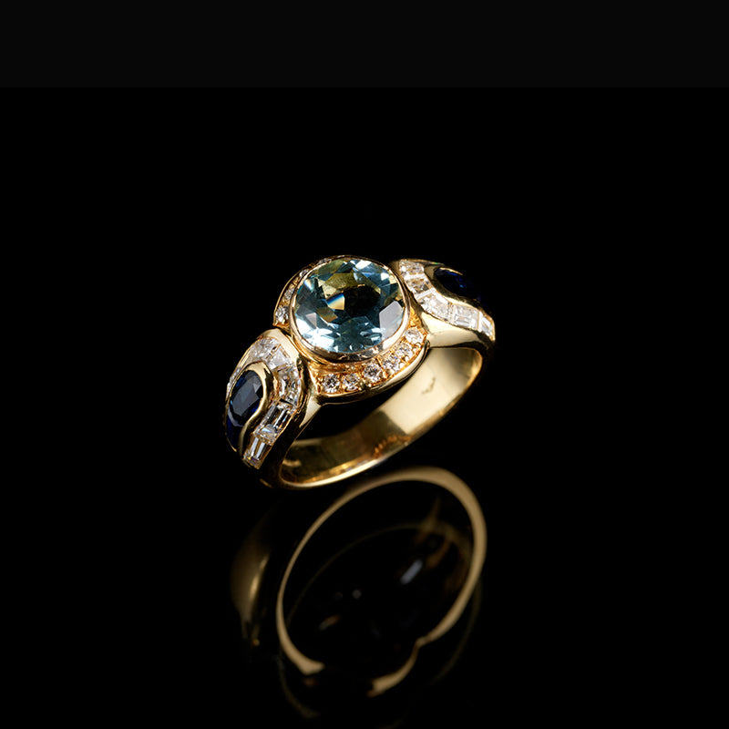 Bague - Aigue-marine - Saphirs Bleus - Diamants