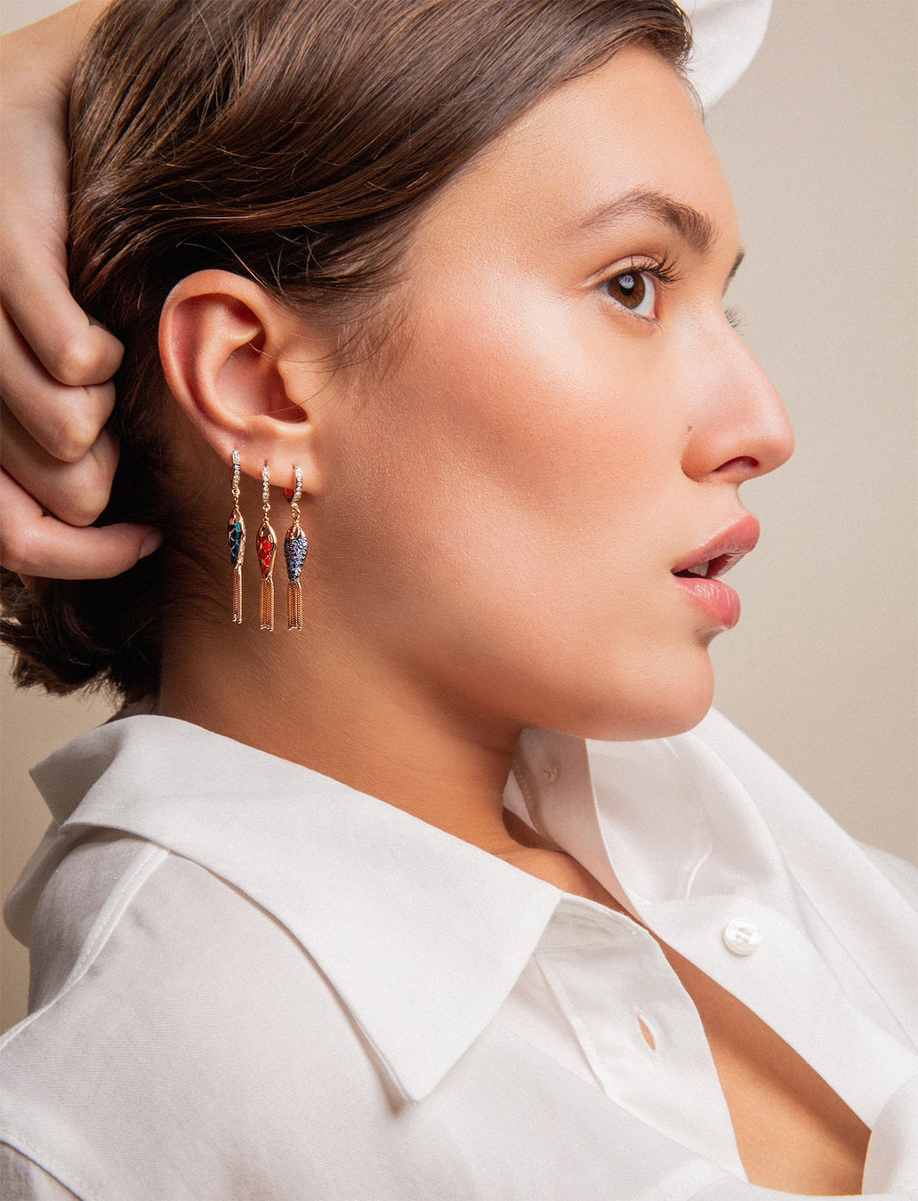 Fish For Love Earring Rusty Red - Icy Grey Diamonds - Rubies