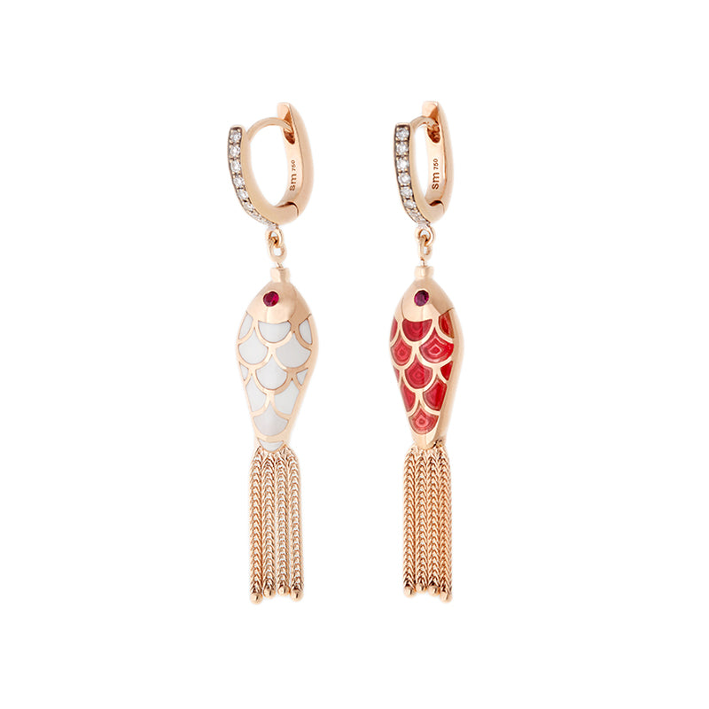 Fish For Love Earring Ivory & Rusty Red - Diamonds - Rubies