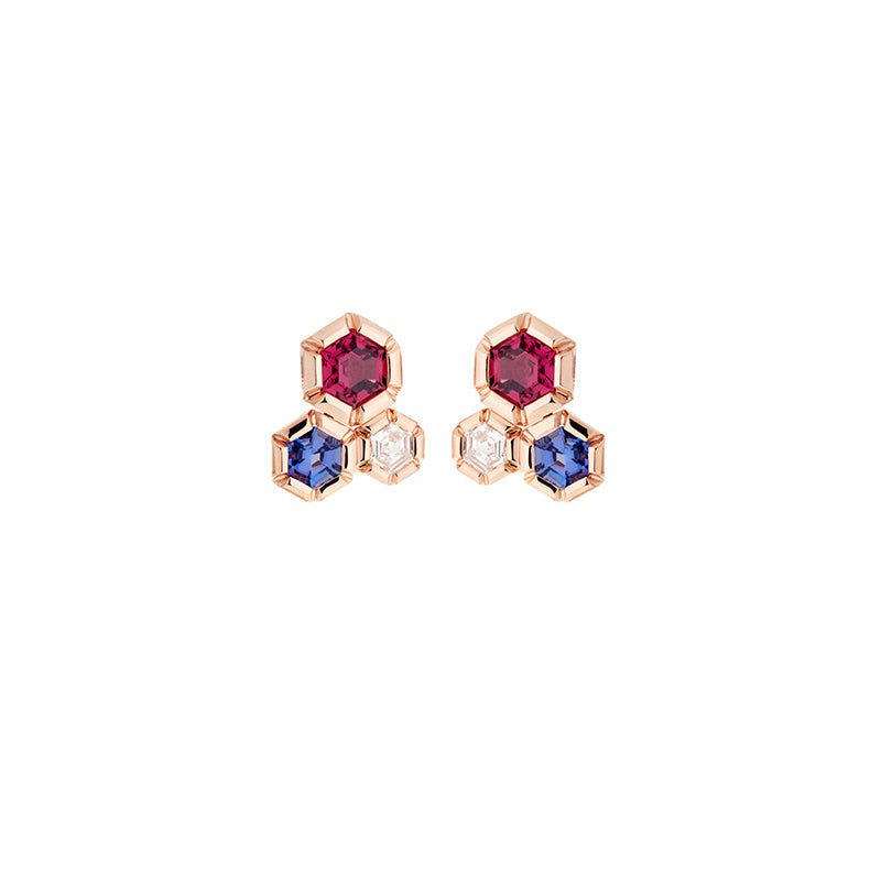 Rose de France Earrings - Diamonds - Rhodolites - Tanzanites