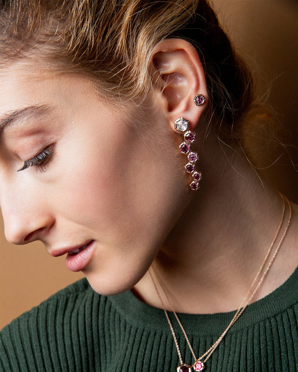 Rose de France Earrings - Rhodolites - Diamonds